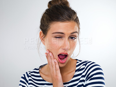 Buy stock photo Wow,, surprise and excited portrait of woman in studio, white background and mockup space with energy. Happy, emoji and student with shock for feedback, news or announcement of crazy information