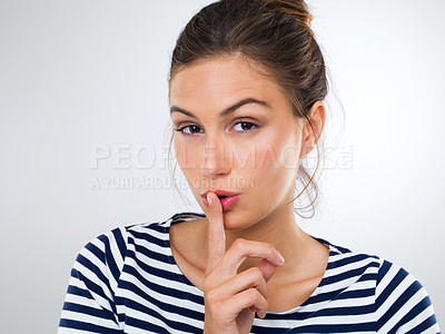 Buy stock photo Secret, news and finger on lips in portrait of woman with sign for privacy and confidential information. Girl, whisper or gesture with hand for surprise gossip story or hushed announcement mockup