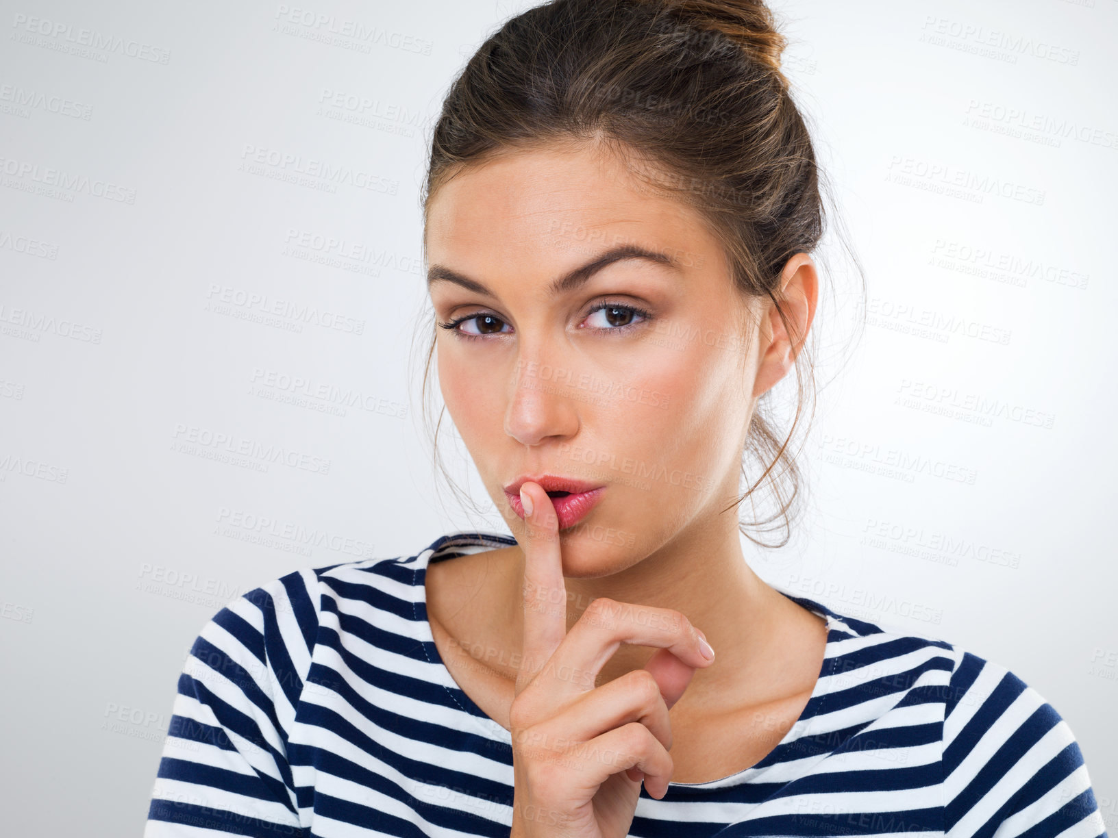 Buy stock photo Secret, news and finger on lips in portrait of woman with sign for privacy and confidential information. Girl, whisper or gesture with hand for surprise gossip story or hushed announcement mockup