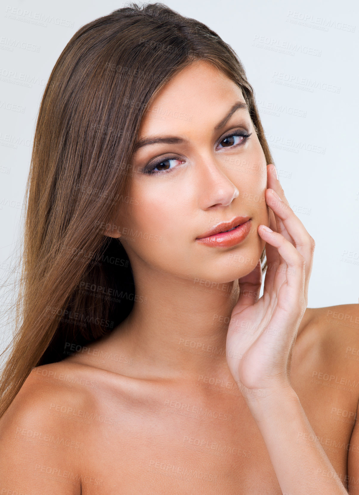Buy stock photo Woman, portrait and haircare in studio, touch and keratin treatment or brazilian on white background. Female person, closeup and luxury shampoo or conditioner for beauty, cosmetics and dermatology