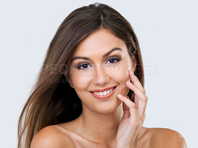 Buy stock photo Woman, portrait and haircare in studio, wind and keratin treatment or brazilian on white background. Happy female person, smile and luxury shampoo or conditioner for beauty, cosmetics and dermatology