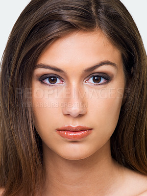 Buy stock photo Woman, portrait and haircare in studio, pamper and keratin treatment or brazilian on white background. Female person, closeup and luxury shampoo or conditioner for beauty, cosmetics and dermatology