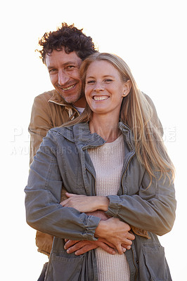 Buy stock photo Smile, love and portrait of couple with embrace for romantic date, bonding and happiness on white background. Man, woman and face with commitment for relationship, support and affection together