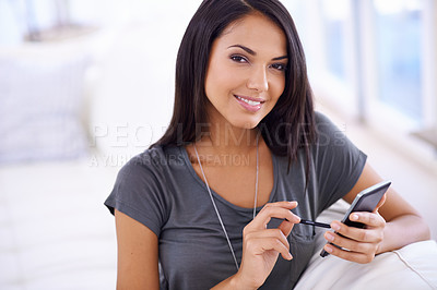 Buy stock photo Woman, couch and phone for browse in portrait at home, comfortable and website for entertainment. Female person, smile and app for blog and subscription, lounge and relax on sofa for communication