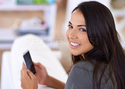 Buy stock photo Woman, couch and phone for notification in portrait, comfortable and website for entertainment. Happy female person, browse and app for blog and subscription, home and relax on sofa for communication