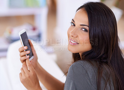 Buy stock photo Woman, couch and phone for online portrait in home, comfortable and website for entertainment. Female person, smile and internet for blog and subscription, lounge and sofa for communication app