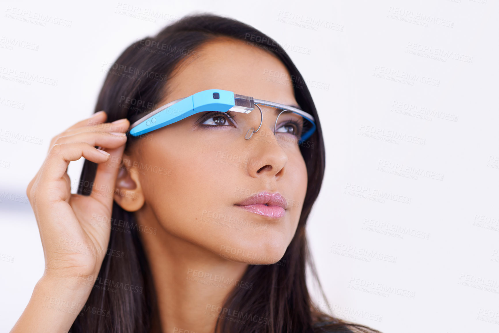 Buy stock photo Woman, face and confidence with smart glasses in home for virtual reality, high tech information or digital eyewear. VR, person or technology vision for communication, research or video call in house