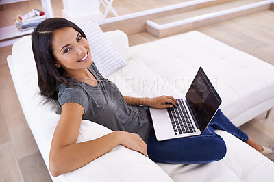 Buy stock photo Happy, portrait and woman with laptop screen on a sofa for social media, blog or web communication at home. Pc, mockup or face of female person in a living room with google it, sign up or subscribe