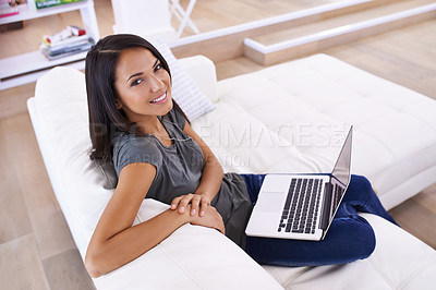 Buy stock photo Remote work from home, portrait and woman with a laptop, startup and smile with entrepreneur and consultant. Creative, apartment or writer with a computer or copywriting with a project or online blog