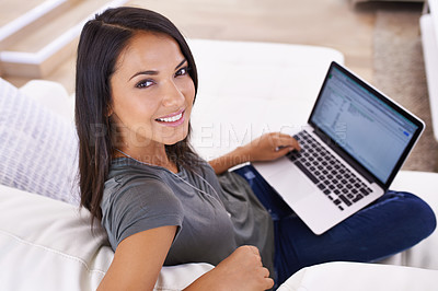 Buy stock photo Portrait, remote work from home and woman with laptop, smile and business with internet and smile. Face, person and freelancer with computer and copywriting with ideas and planning with website info