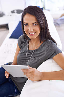 Buy stock photo Woman, couch and tablet for portrait on social media in home, comfortable and website for entertainment. Female person, smile and app for blog and subscription, lounge and relax on sofa for series