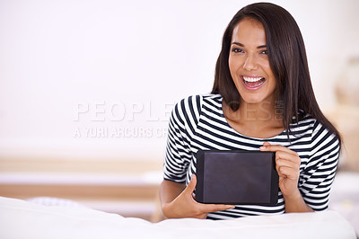 Buy stock photo Happy woman, tablet and screen with mockup for advertising, tech and UX with website or ads for information. Portrait for online presentation, digital marketing and software, network and internet