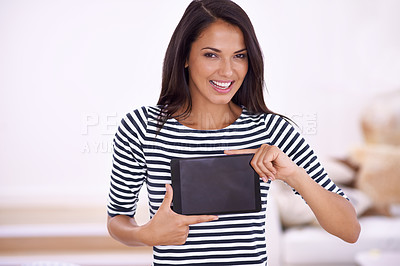 Buy stock photo Woman, tablet and screen with mockup for advertising, tech and UX on website or app ads with information. Portrait for online presentation, digital marketing and software with network and internet