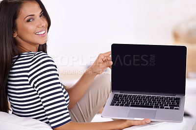 Buy stock photo Woman, laptop and screen with mockup for advertising, tech and UX with website or ads for information. Portrait for online presentation, digital marketing and software with PC, network and internet