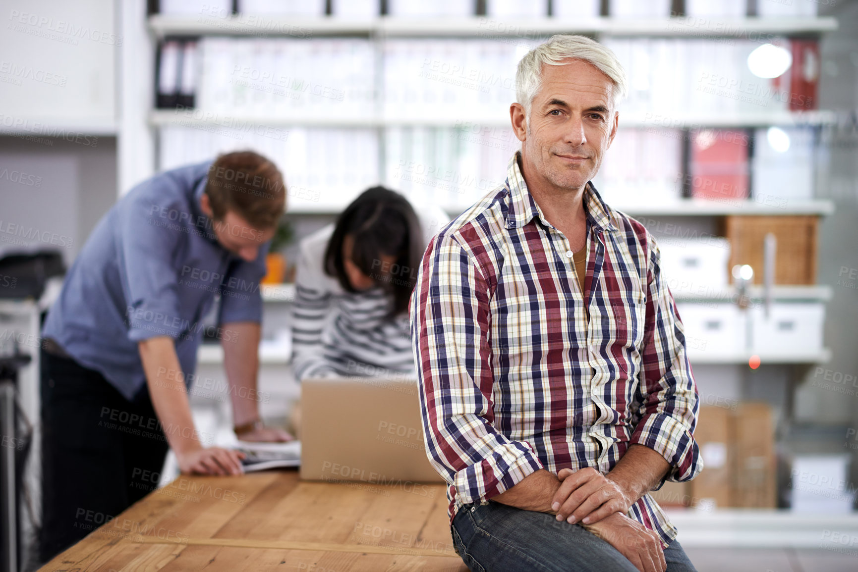 Buy stock photo Mature businessman, relax and confident in portrait in office and pride as manager of creative team. Professional person, ambition or face of designer for job satisfaction or experience in workplace