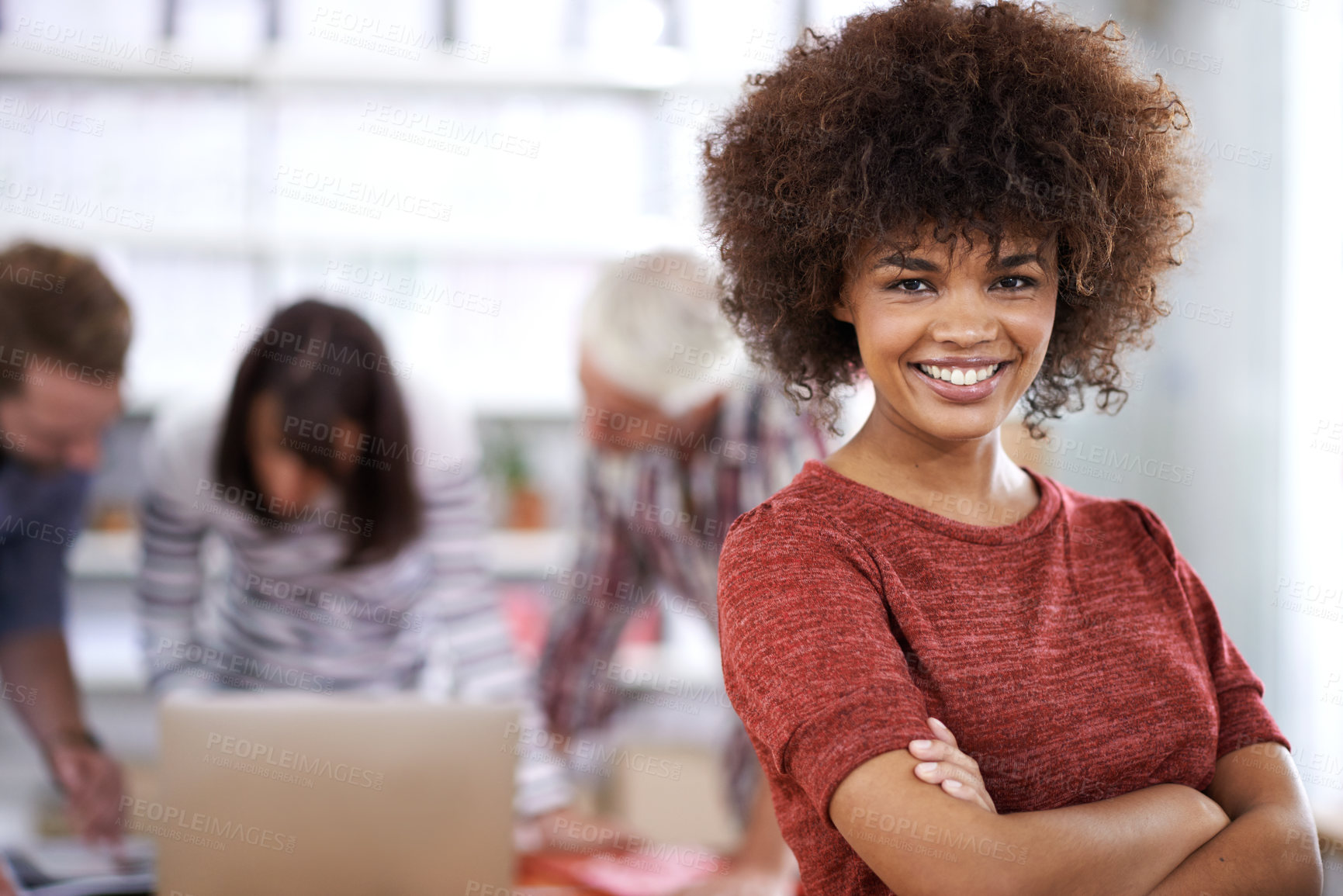 Buy stock photo Workplace, portrait and black woman with smile, creative and excited for journalism, agency and confident. Happy, joy and person with arms crossed in office, press and media planner in Seychelles