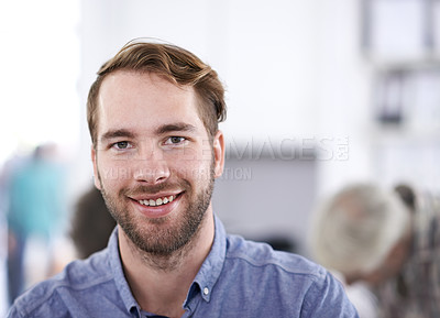 Buy stock photo Businessman, happy and portrait in office for confidence and wellness as designer in creative career. Professional person, ambition and face of tailor for job satisfaction and experience in workplace