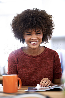 Buy stock photo Woman, portrait and magazine in office or project research for startup trends for small business, brainstorming or review. Female person, face and article reading at agency or design, creative or job