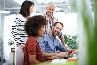 Buy stock photo Happy people, creative business and meeting with team for collaboration, planning or project at office. Group of employees with smile for productivity, startup or funny discussion at the workplace