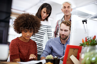 Buy stock photo People, creative business and meeting with documents for collaboration, planning or project at office. Group of employees reading with paperwork for teamwork, productivity or startup at the workplace