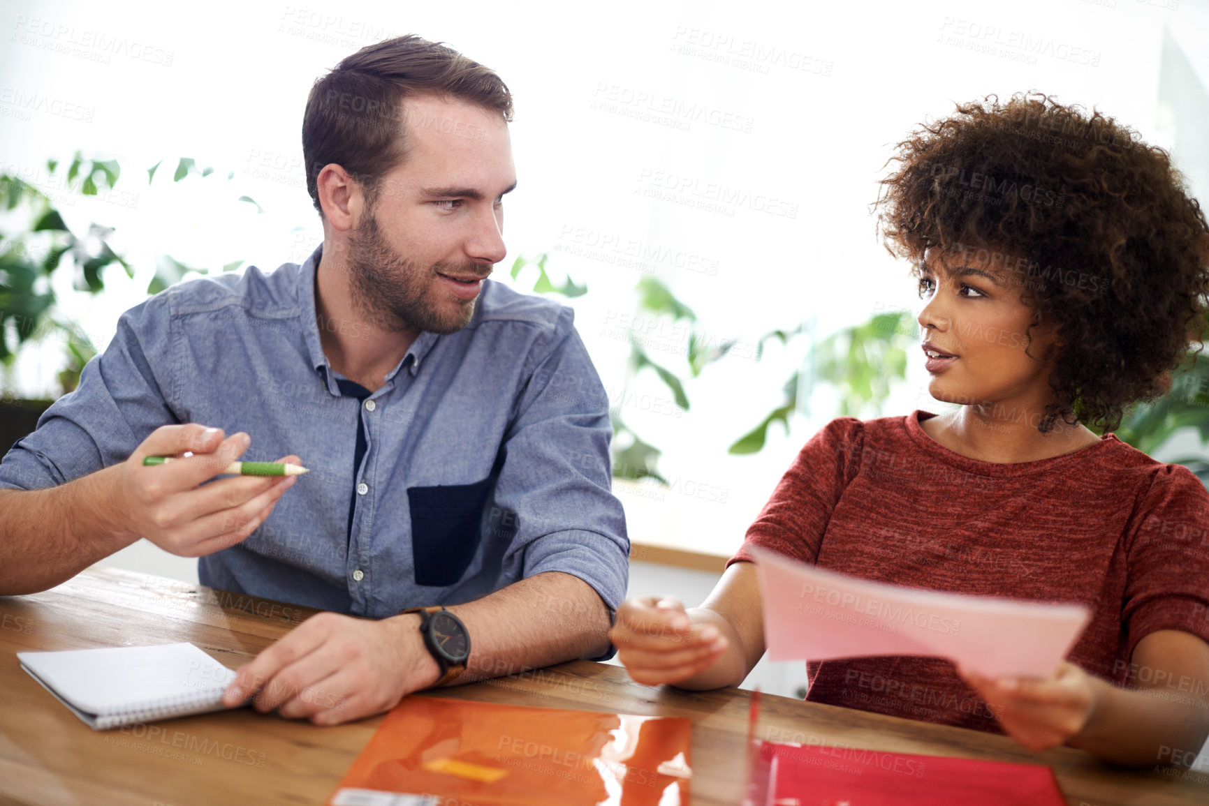 Buy stock photo Man, woman and creative design with notes at meeting for teamwork collaboration for project planning, startup or company. Colleagues, people and conversation for brainstorming, small business or job