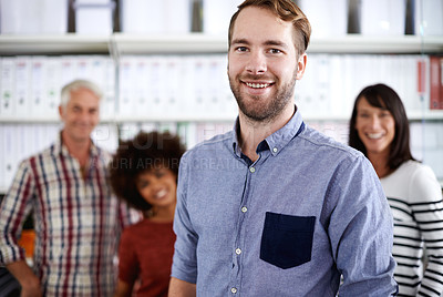 Buy stock photo Happy man, portrait and team with confidence for creative startup, pride or agency at the office. Face of young male person or employee with smile for career ambition, positivity or group leadership