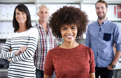 Buy stock photo Happy people, portrait and team with confidence for creative startup, pride or agency at the office. Face of young group or employees with smile for career ambition, positivity or group leadership