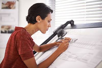 Buy stock photo Woman, architecture with sketch and floor plan for construction, focus on design with pencil and engineering. Architect, contractor and drawing blueprint for renovation, infrastructure and creative