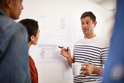 Buy stock photo Architecture, men and women in presentation with blueprint, paperwork and building project ideas. Civil engineering, development and team of creative business people in design office with floor plan.