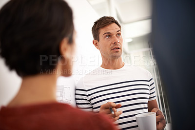 Buy stock photo Meeting, office and man with business people in discussion, conversation and collaboration. Teamwork, startup company and men and women with coffee for planning, communication and chat in workplace