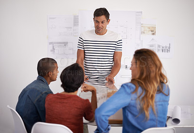 Buy stock photo Meeting, architecture and man with business people in discussion, conversation and collaboration. Creative startup, architect team and men and women for planning, blueprint and design in workplace