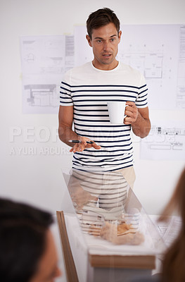 Buy stock photo Meeting, office and man with business people in presentation, conversation and collaboration. Teamwork, startup company and speaker with coffee for planning, communication and leadership in workplace