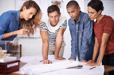 Buy stock photo Group, planning and architects with blueprint for discussion, building or construction project in creative startup. Collaboration, designers and serious team with drawing for brainstorming in meeting