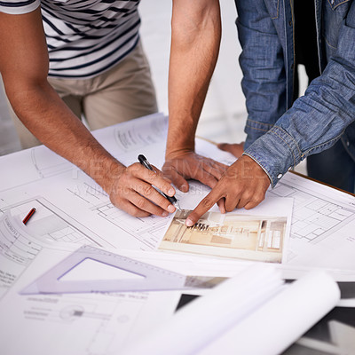 Buy stock photo Architecture, consulting  and hands of business people on blueprint, paperwork or floor plan for building project. Civil engineering, development and teamwork with creative design office with ideas.