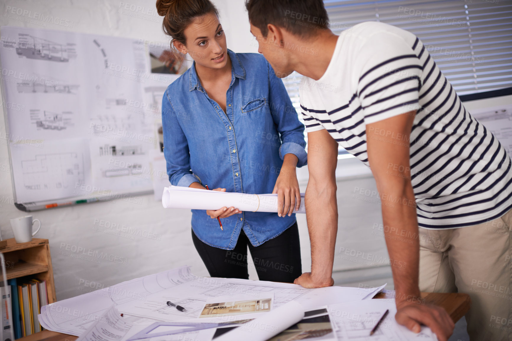 Buy stock photo Architecture, man and woman in meeting with blueprint, paperwork and ideas for building project. Civil engineering, development and teamwork with creative business people in design office together.