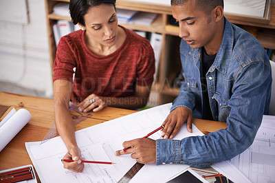 Buy stock photo Team, discussion and architects drawing blueprint for construction project, building and serious people in startup. Collaboration, creative design or engineer with paper, brainstorming and planning