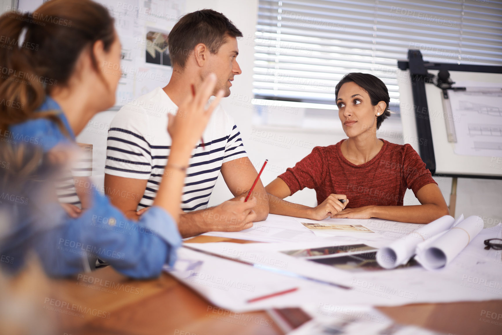 Buy stock photo Team, discussion and architects planning construction project, building and people together in startup office. Collaboration, creative design and brainstorming in meeting, cooperation and drawing