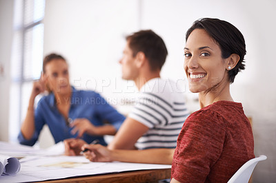 Buy stock photo Woman, office and smile portrait for sitting female person in workspace, planning brainstorming for strategy. Co working, creative design career for employee, happy and business people collaboration