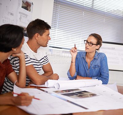 Buy stock photo Architecture, man and woman with blueprint, teamwork and ideas for building project in meeting. Civil engineering, development and paperwork with creative business people in design office together.