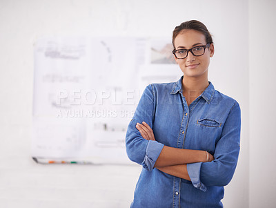 Buy stock photo Architecture, planning and portrait of business woman with documents, blueprint or floorplan. Crossed arms, professional and person with illustration, design or drawing for ideas, project or building