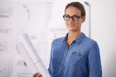 Buy stock photo Woman, architecture and portrait with blueprint for construction, design and engineering with paperwork at office. Architect, contractor and sketch of floor plan for renovation with creativity