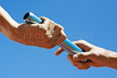 Buy stock photo Hands, athlete and partner with baton for race game on competition with teamwork, active and field. Sport, fitness and runner and collaboration to win together for health, exercise and wellness 