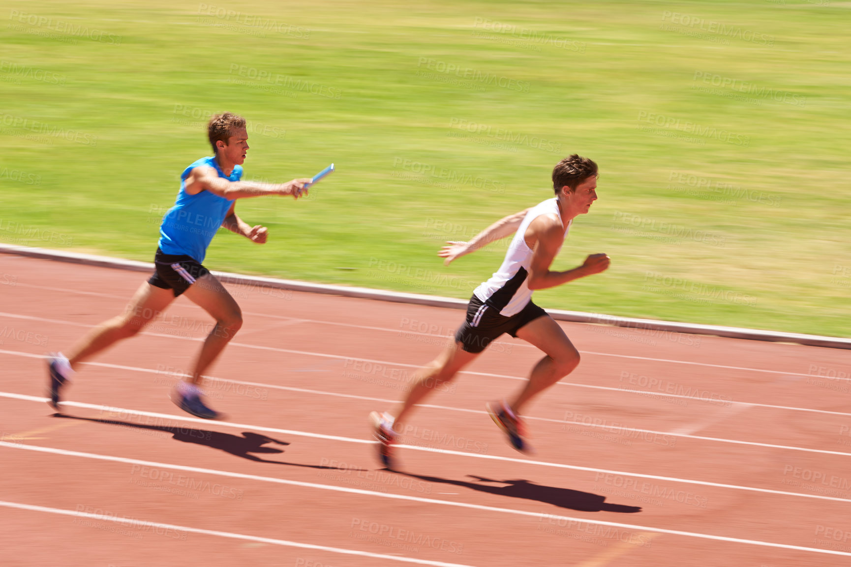 Buy stock photo Athlete, blur with running and race track with relay and team at stadium, fitness and workout outdoor. People in arena, runner and exercise with sports, trust and support for challenge for speed