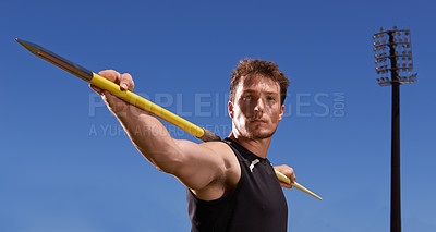 Buy stock photo Portrait, javelin and man with fitness, sports and blue sky with workout and wellness with practice. Face, person and athlete with tournament and competition with exercise and competitor with spear