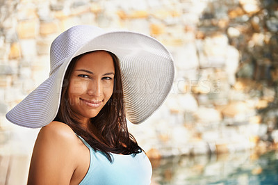 Buy stock photo Smile, sun hat and portrait of woman at resort for summer holiday, travel and break by pool. Relax, happy and female person with happiness for vacation, weekend trip or luxury retreat for wellness