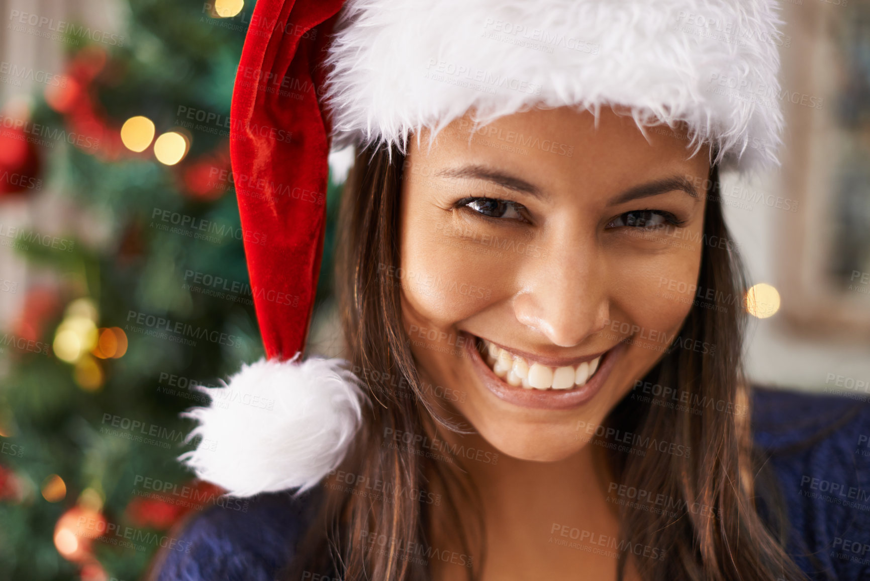 Buy stock photo Portrait, Christmas and smile with a woman in her home ready for festive cheer or holiday celebration. Face, merry and season with a happy young female in her house for the December holidays