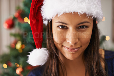 Buy stock photo Christmas, black woman and holiday celebration with smile hat and happiness to celebrate festive season with greetings and kindness. Portrait of female model in Mexico home excited for xmas in winter