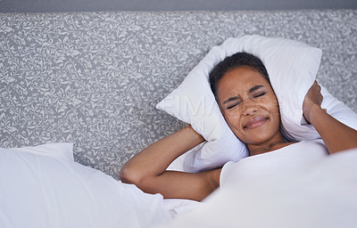 Buy stock photo Bed, pillow and woman frustrated by insomnia, anxiety or sleep issue at home. Bedroom, noise and lazy female person in a house angry with morning, fatigue or overthinking sleeping, mistake or fail