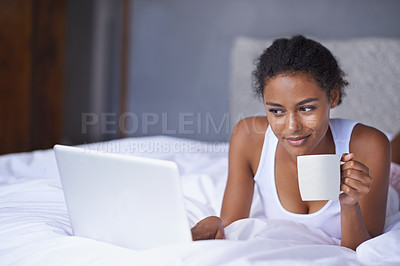 Buy stock photo Black woman, laptop or coffee in bed to relax, scroll or search on internet, social media or network. Female influencer, tea or smile as checking, message or email for viral meme and blog post