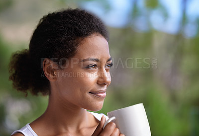 Buy stock photo Thinking, coffee and woman on a balcony with peace, reflection or enjoying a calm moment. Face, remember and female person on a terrace with tea, idea or happy, memory or insight with view of nature